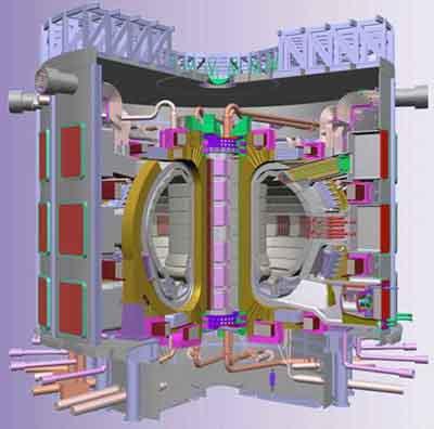 Projekt reaktora ITER. B�dzie to najbardziej skomplikowane urz�dzenie w dziejach ludzko�ci. W �rodku wida� przekr�j przez otoczon� elektromagnesami komor� plazmow�. Na dole sylwetka ludzka